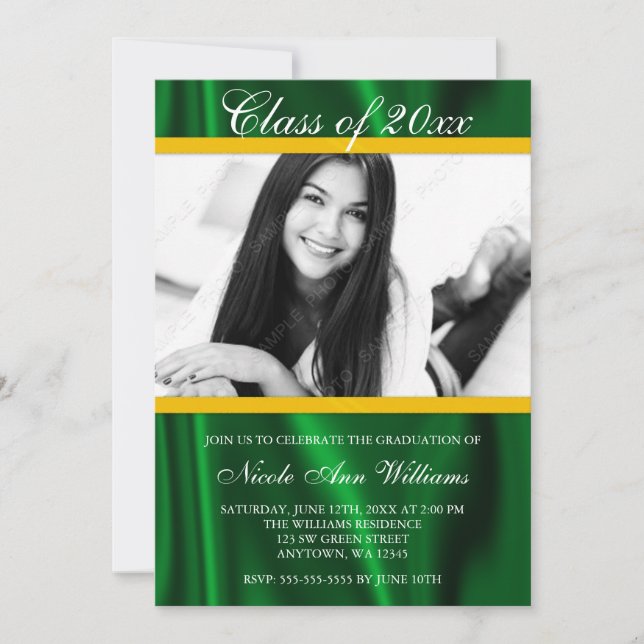 Green Gold Satin Photo Graduation Announcement (Front)