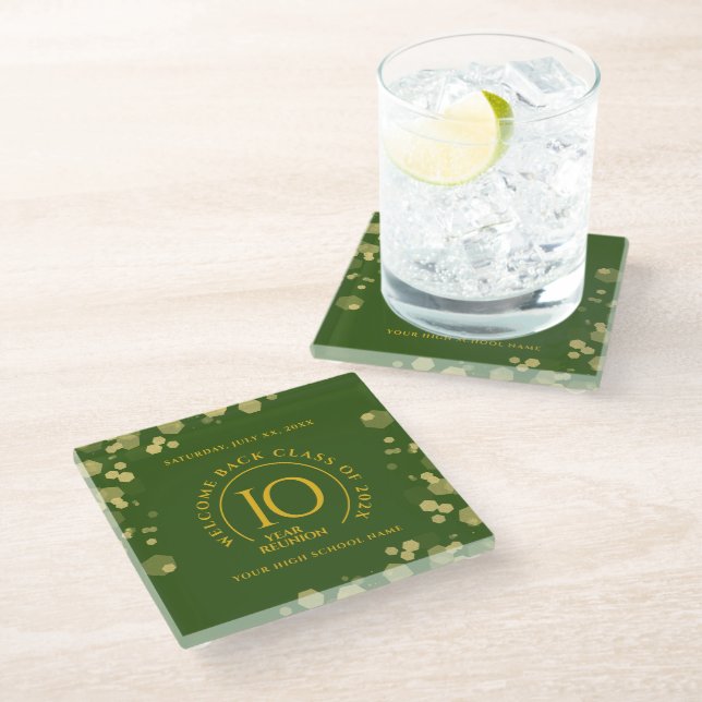 Green & Gold School College Class Reunion Glass Coaster (Angled)