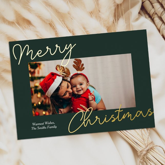 Green Gold Script Merry Christmas Simple Photo Foil Holiday Card (Creator Uploaded)