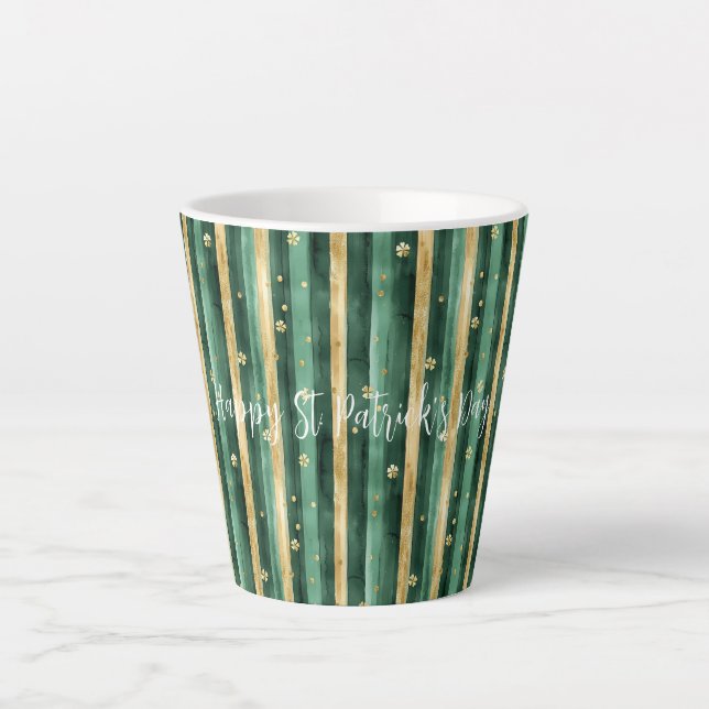 Green Gold Shamrock St. Patrick's Day Stripes Latte Mug (Front)