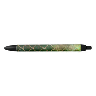 Green & Gold Shimmer Mermaid Fish Scales Black Ink Pen