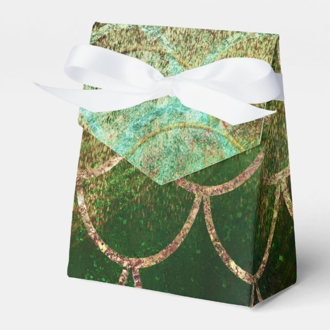 Green & Gold Shimmer Mermaid Fish Scales Favor Box (Front Side)