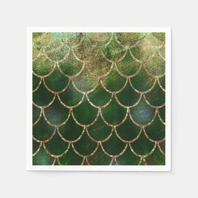 Green & Gold Shimmer Mermaid Fish Scales Napkin (Front)