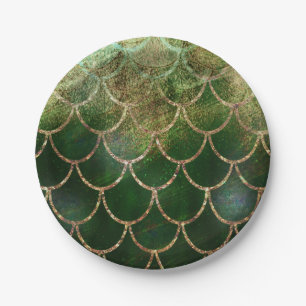 Green & Gold Shimmer Mermaid Fish Scales Paper Plate