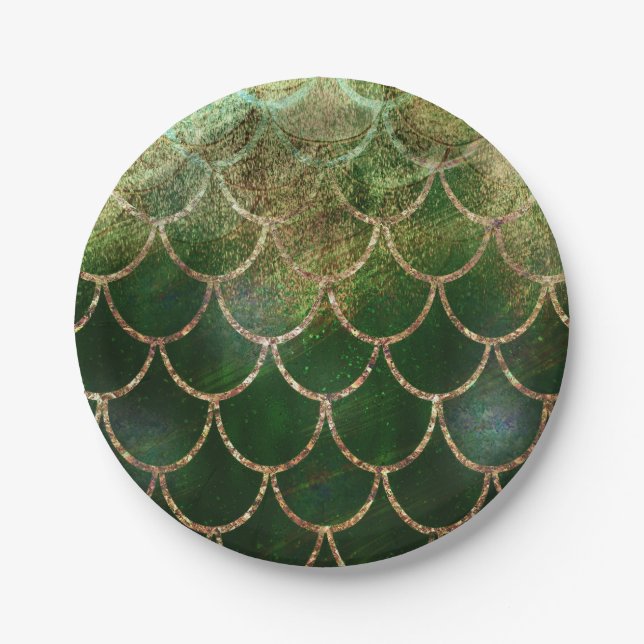 Green & Gold Shimmer Mermaid Fish Scales Paper Plate (Front)