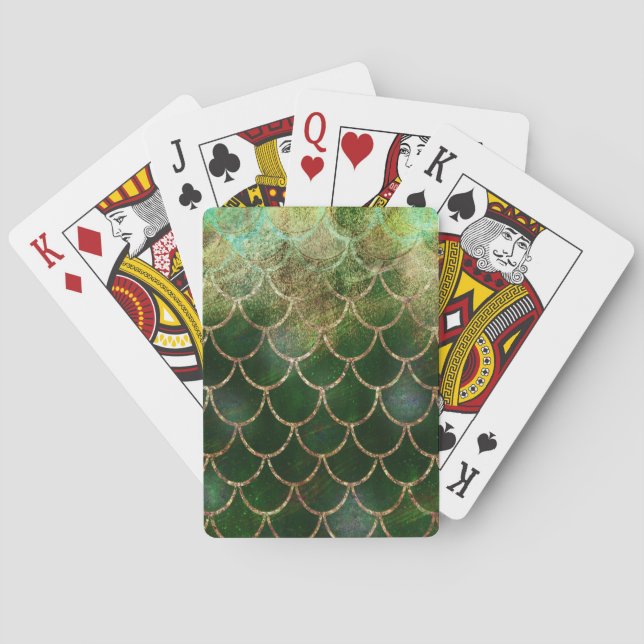 Green & Gold Shimmer Mermaid Fish Scales Playing Cards (Back)