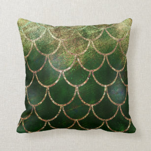 Green & Gold Shimmer Mermaid Fish Scales Throw Pillow