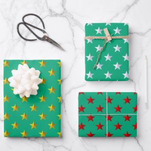 Green Gold Silver Red Stars Holiday Wrapping Paper Sheet
