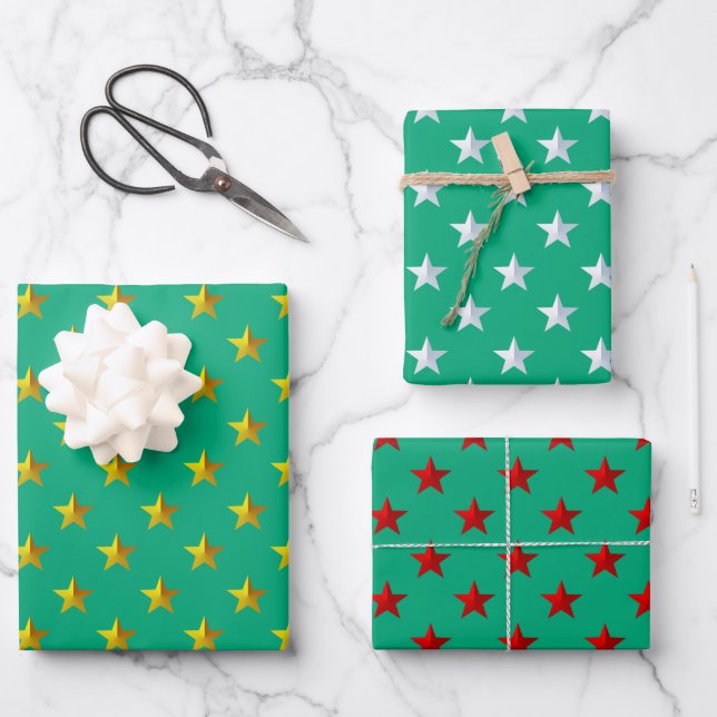 Green Gold Silver Red Stars Holiday Wrapping Paper Sheet (Front)