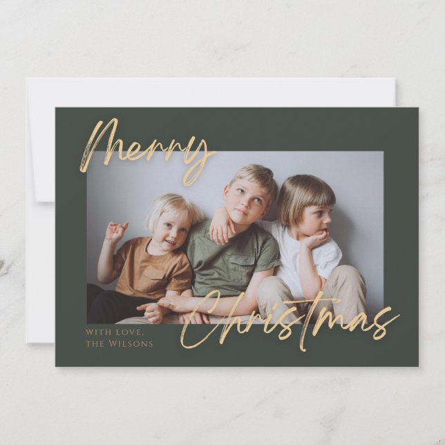 Green Gold Simple Photo Merry Christmas Holiday Card (Front)