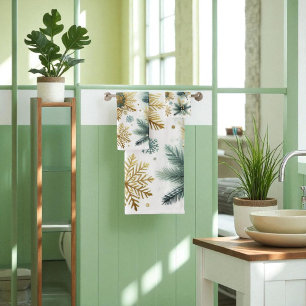 Green Gold Snowflake Floral Holiday Bath Towel Set
