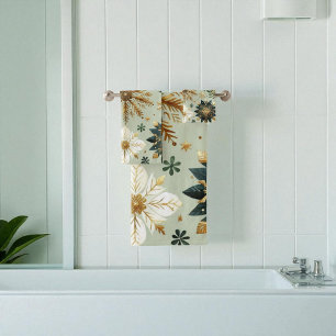 Green Gold Snowflake Floral Holiday Bath Towel Set