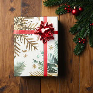 Green Gold Snowflake Holiday Luxury Watercolor Wrapping Paper