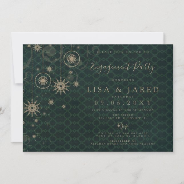 Green Gold Snowflakes Winter Engagement Party  Invitation (Front)