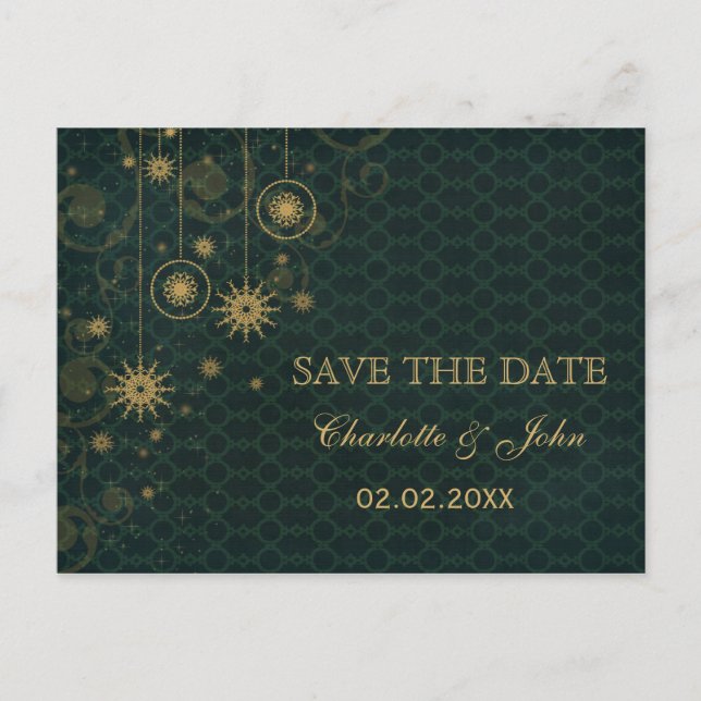 green gold Snowflakes Winter save the Date Announcement Postcard (Front)