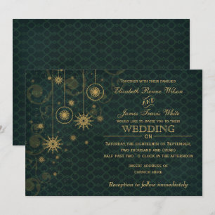green gold Snowflakes Winter wedding invitations