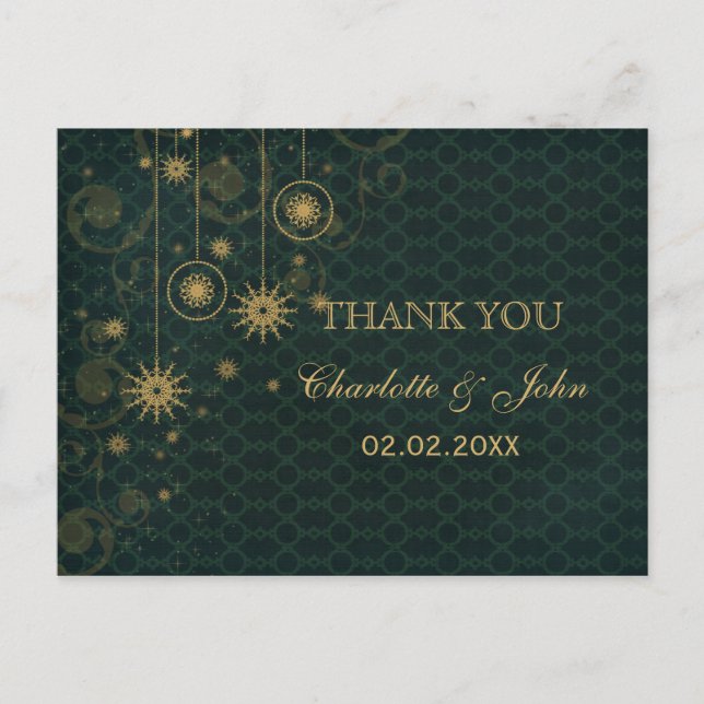 green gold Snowflakes Winter wedding Thank You Postcard (Front)