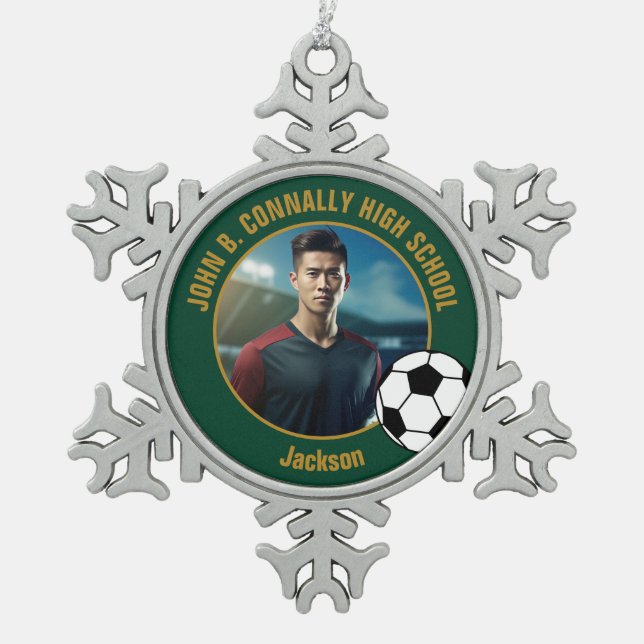 Green Gold Soccer Player Photo High School Snowflake Pewter Christmas Ornament (Front)