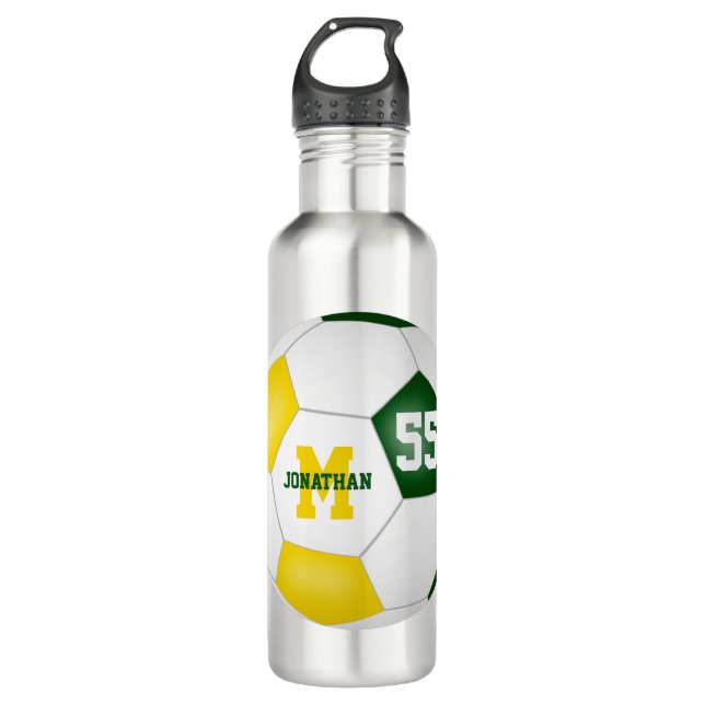 green gold soccer team colours boys girls 710 ml water bottle (Front)