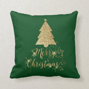 Green Gold Sparkle Merry Christmas Tree Throw Pillow
