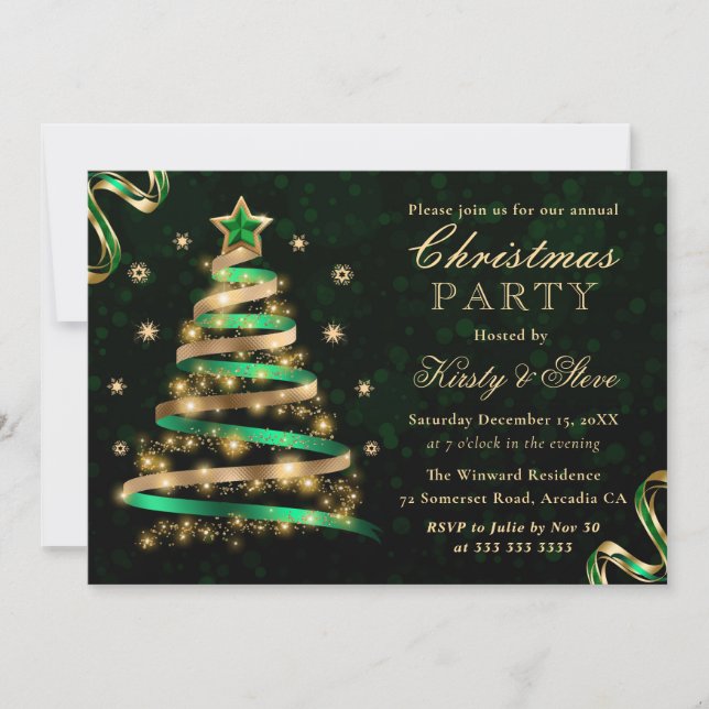 Green & Gold Sparkly Ribbon Tree Christmas Party Invitation (Front)