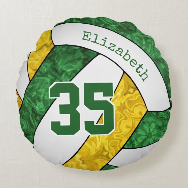 green gold sports team colours girls volleyball round pillow (Front)