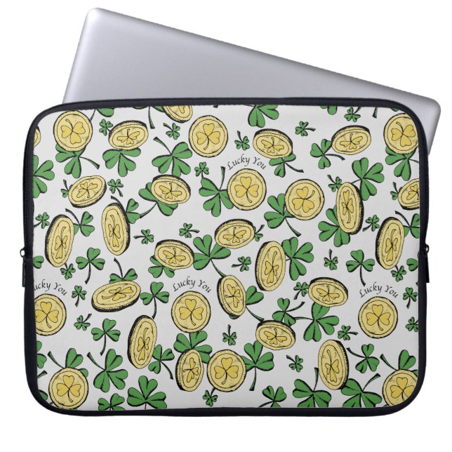 Green & Gold St Patrick's Lucky You Shamrock Laptop Sleeve (Front)