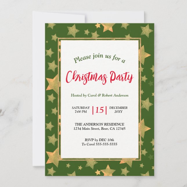 Green Gold Star Elegant Vintage Christmas Party Invitation (Front)