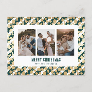 Green Gold Stars 3 Photo Merry Christmas Holiday Postcard