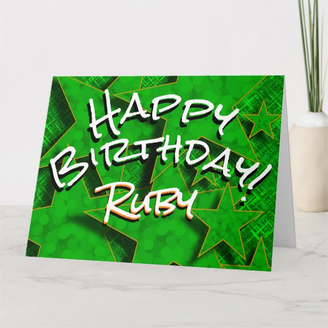 Green Gold Stars Avec Nom Bonne Carte Anniversaire (Devant)