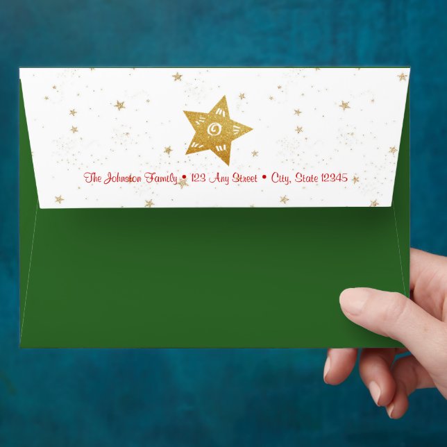 Green Gold Stars Christmas Script Name Bold Rustic Envelope (Hand)