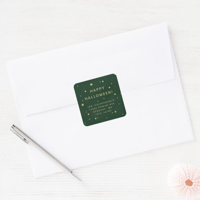 Green + Gold Stars Custom Text/Address Square Sticker (Envelope)