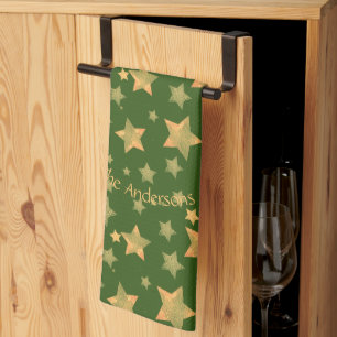 Green Gold Stars Pattern Elegant Merry Christmas Kitchen Towel