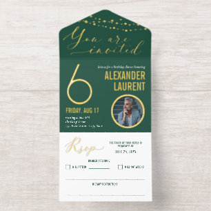 Green Gold String Lights Photo Milestone Birthday All In One Invitation