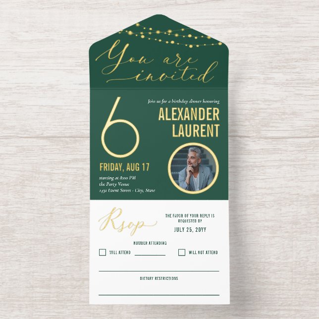 Green Gold String Lights Photo Milestone Birthday All In One Invitation (Inside)