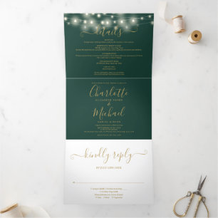 Green Gold String Lights Script Monogram Wedding Tri-Fold Invitation