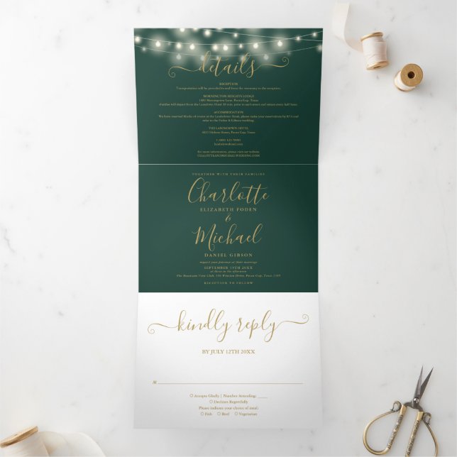 Green Gold String Lights Script Monogram Wedding Tri-Fold Invitation (Inside)