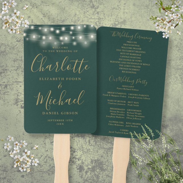 Green Gold String Lights Script Wedding Program Hand Fan (Green Gold String Lights Script Wedding Program Hand Fan)