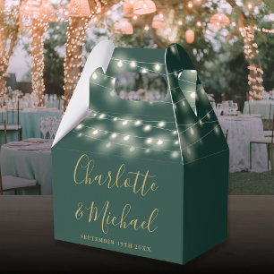 Green Gold String Lights Signature Script Wedding Favor Box