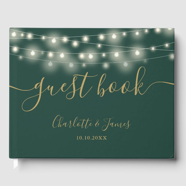 Green Gold String Lights Signature Script Wedding Guest Book (Front)