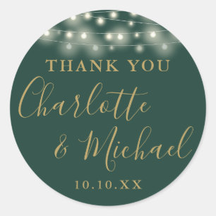 Green Gold String Lights Wedding Favor Thank You Classic Round Sticker