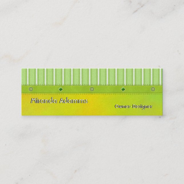 Green Gold Stripes and Beads Customizable Slimline Mini Business Card (Front)