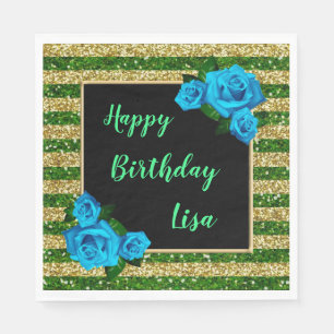Green Gold Stripes Glitter Blue Roses Birthday Napkin