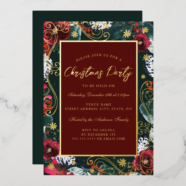 Green Gold Swirl Flower Frame Christmas Party (Front/Back)