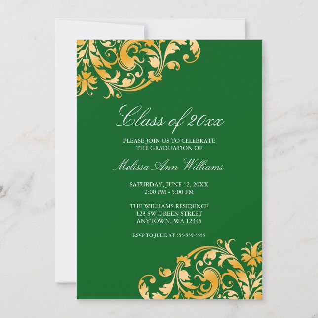 Green Gold Swirl Graduation Party Announcement (Front)