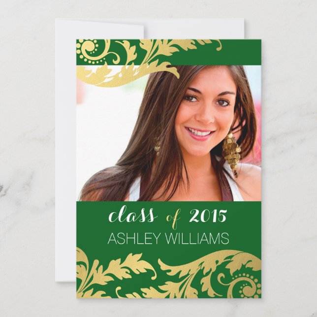 Green Gold Swirls Photo Graduation Announcement (Front)