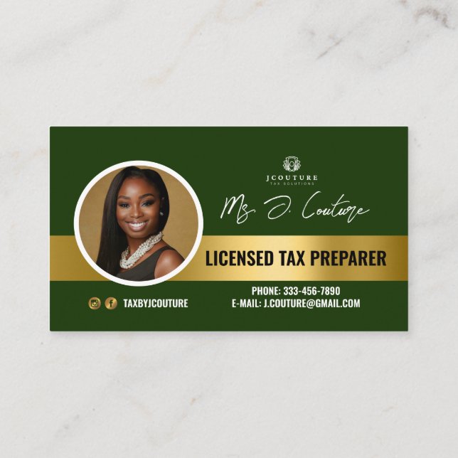 Green & Gold Tax Preparer Accounting Business Card (Back)