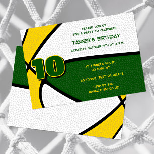 green gold team colours basketball birthday invitation