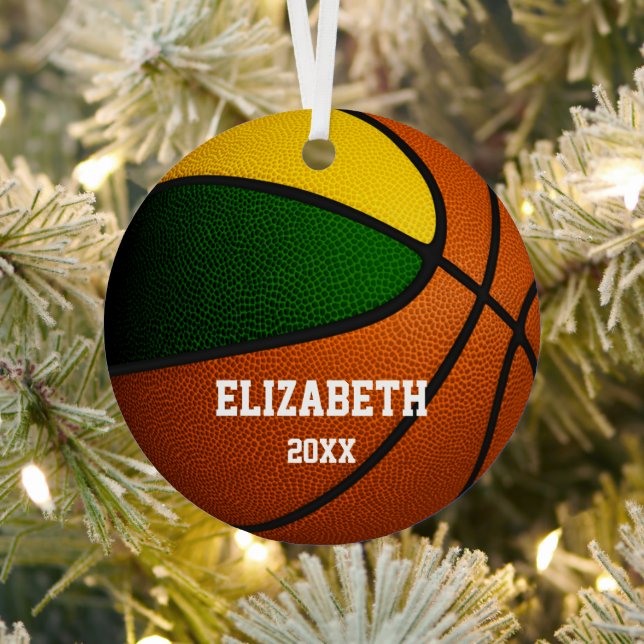 green gold team colours girls boys basketball metal ornament (Insitu)