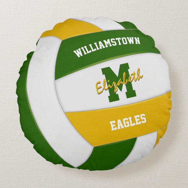 green gold team colours girls volleyball round pillow (Front)
